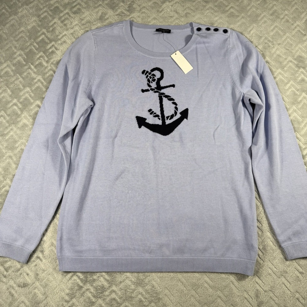 TALBOTS Sweater Med Anchor Motif Crewneck Button Shoulder Cotton Blend Blue NWT